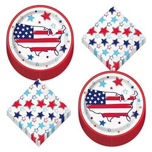 Patriotic America Paper Dinner Plates and Bright Stars Luncheon Napkins in Red, White, and Blue (Serves 16) party supplies