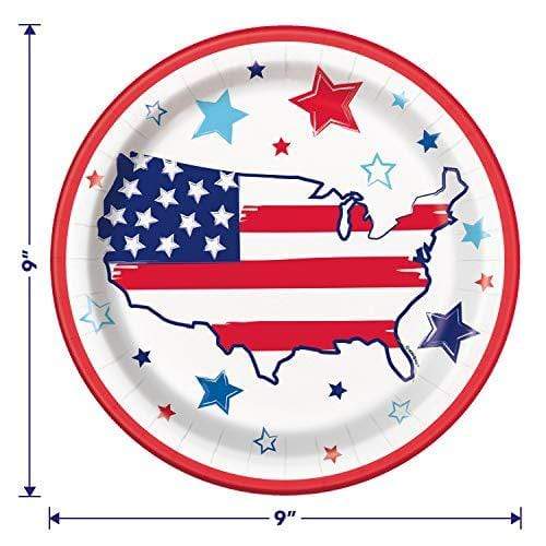Patriotic America Paper Dinner Plates and Bright Stars Luncheon Napkins in Red, White, and Blue (Serves 16) party supplies