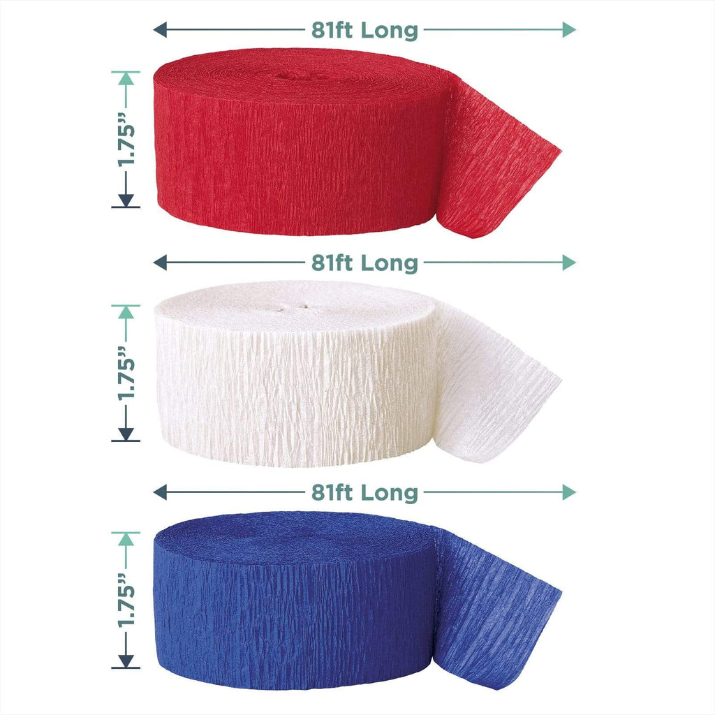 Patriotic Party Red, White, and Blue Crepe Paper Streamer Decorations 81 Ft Each (Set of 3) party supplies