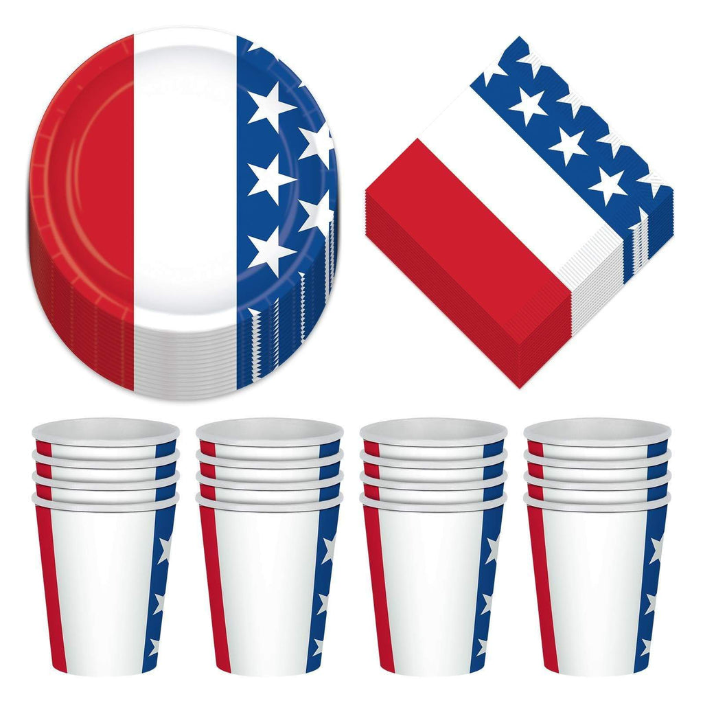 Patriotic Party Supplies for 4th of July, Memorial Day, and Veteran's Day (Election Day Red, White, and Blue Paper Dessert Plates, Beverage Napkins, and Cups (Serves 16)) party supplies