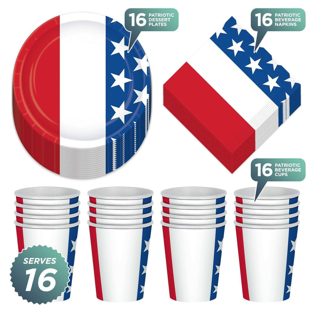 Patriotic Party Supplies for 4th of July, Memorial Day, and Veteran's Day (Election Day Red, White, and Blue Paper Dessert Plates, Beverage Napkins, and Cups (Serves 16)) party supplies
