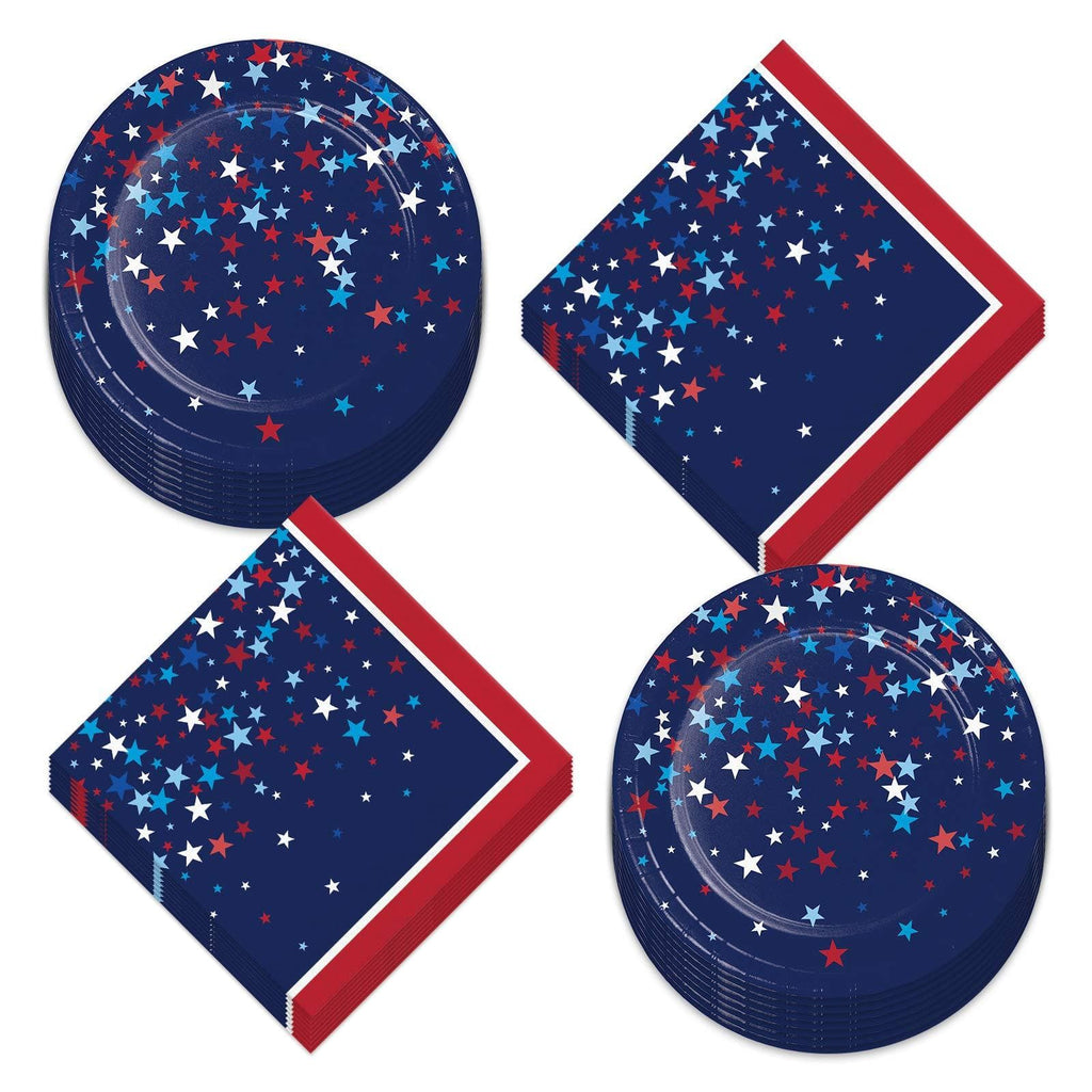 Patriotic Party Supplies for 4th of July, Memorial Day, and Veteran's Day (Patriotic American Pride Star Confetti Paper Dessert Plates and 2-Sided Stars and Stripes Beverage Napkins) party supplies