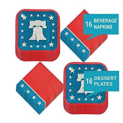 Patriotic Party Supplies for 4th of July, Memorial Day, and Veteran's Day (Rustic America Patriotic Party Liberty Bell Paper Dessert Plates and Beverage Napkins) party supplies