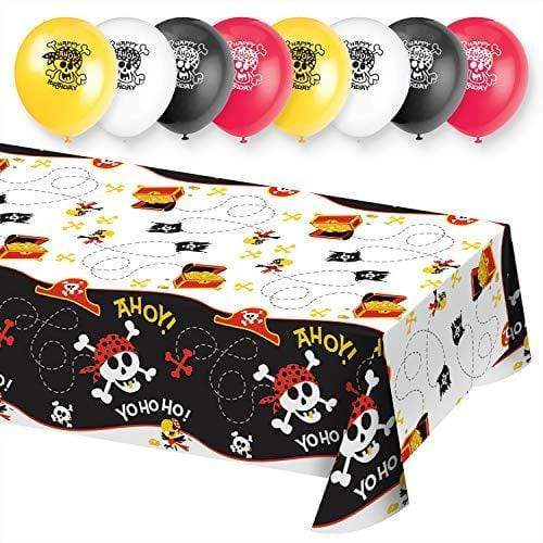 Pirate Party Supplies and Table Decorations (Friendly Skull and Bones Black Plastic Table Cover and Assorted Balloons Set of 8) party supplies