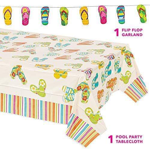 Pool Party Flip Flop Tablecloth & Garland - Table Cover and Hanging Banner for Beach Party, Summer Luau, or BBQ with Flip Flop Design (Set of 2 Decorations) party supplies
