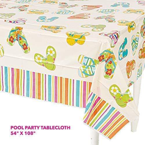 Pool Party Flip Flop Tablecloth & Garland - Table Cover and Hanging Banner for Beach Party, Summer Luau, or BBQ with Flip Flop Design (Set of 2 Decorations) party supplies