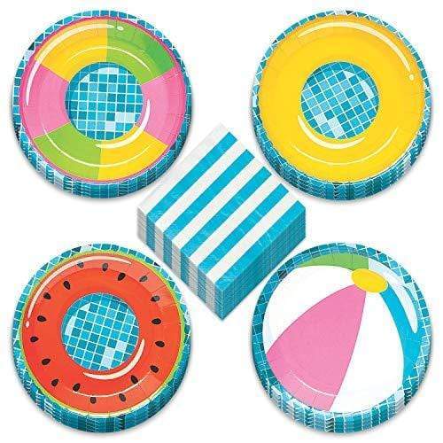 Pool Party Supplies - Inflatable Floaties Paper Dessert Plates and Striped Beverage Napkins (Serves 16) party supplies