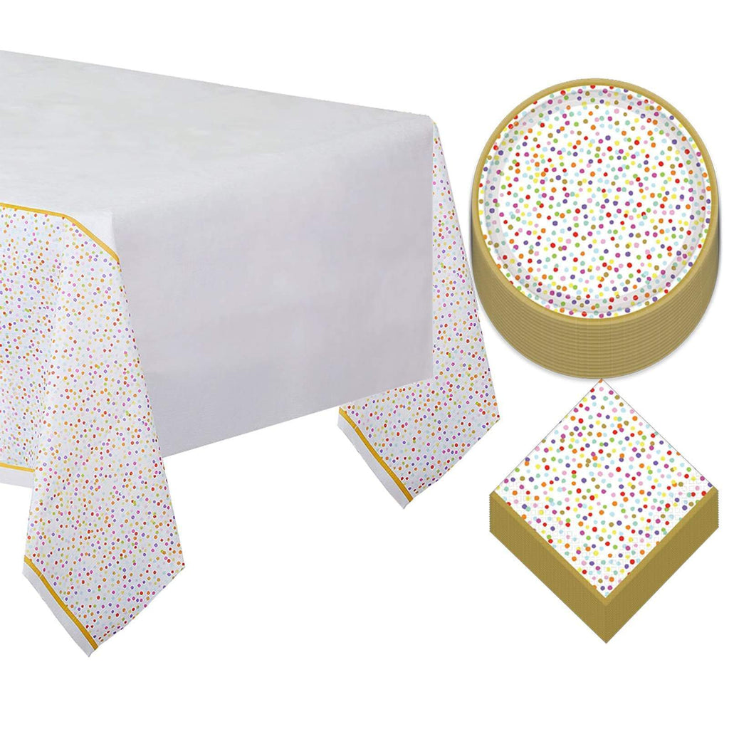Rainbow Confetti Metallic Round Paper Dessert Plates, Beverage Napkins, and Table Cover Set (Serves 16) party supplies