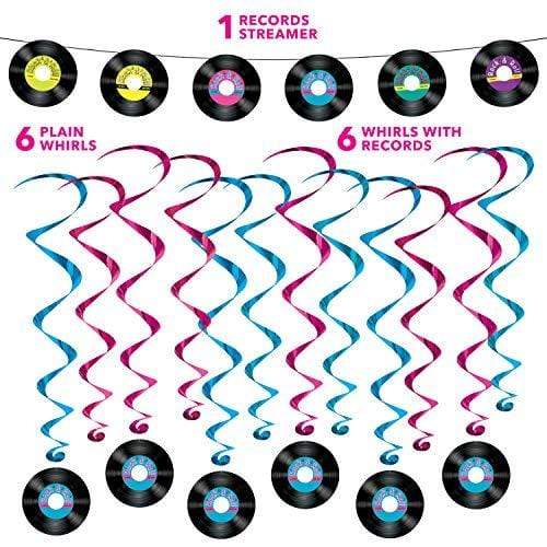 Records Streamer Garland and Rock & Roll Hanging Record Whirls party supplies