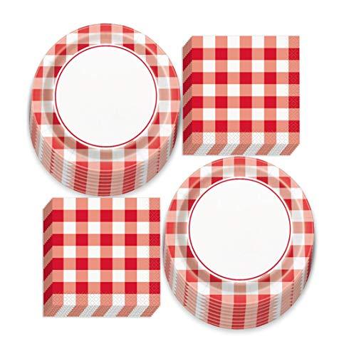 Red and White Checkered Gingham Picnic Party Paper Dessert Plates and Beverage Napkins (Serves 16) party supplies