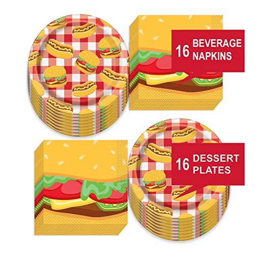 Red and White Checkered Plaid Gingham Picnic Party Supplies for Backyard Barbeques and Cookouts (Burger and Hotdog Paper Dessert Plates & Burger Beverage Napkins) party supplies
