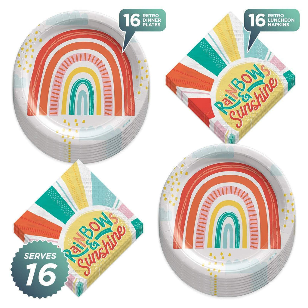 Retro Rainbows and Sunshine Party Paper Dinner Plates and Lunch Napkins (Serves 16) party supplies