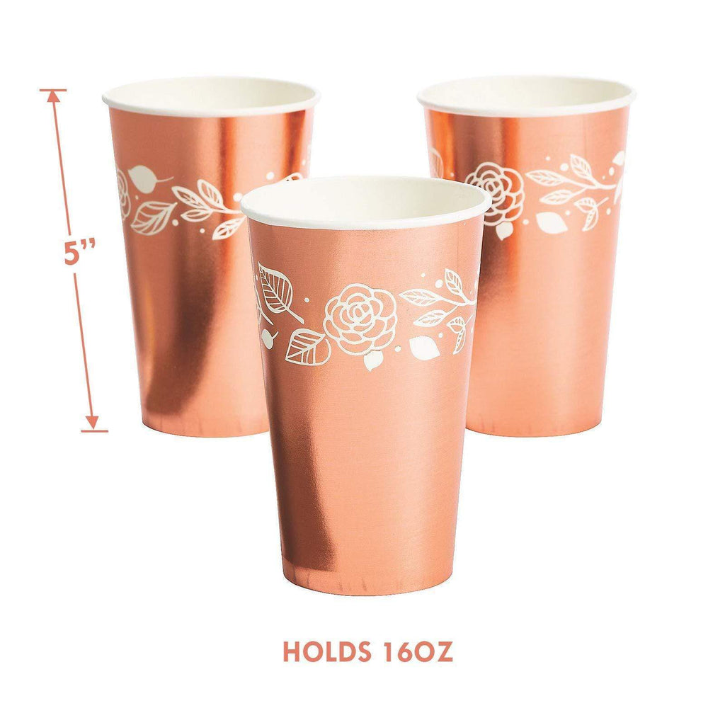 Rose Gold Floral Bridal Party Pack - Metallic Paper Dinner Plates, Beverage Napkins, and Beverage Cups (Serves 16) party supplies