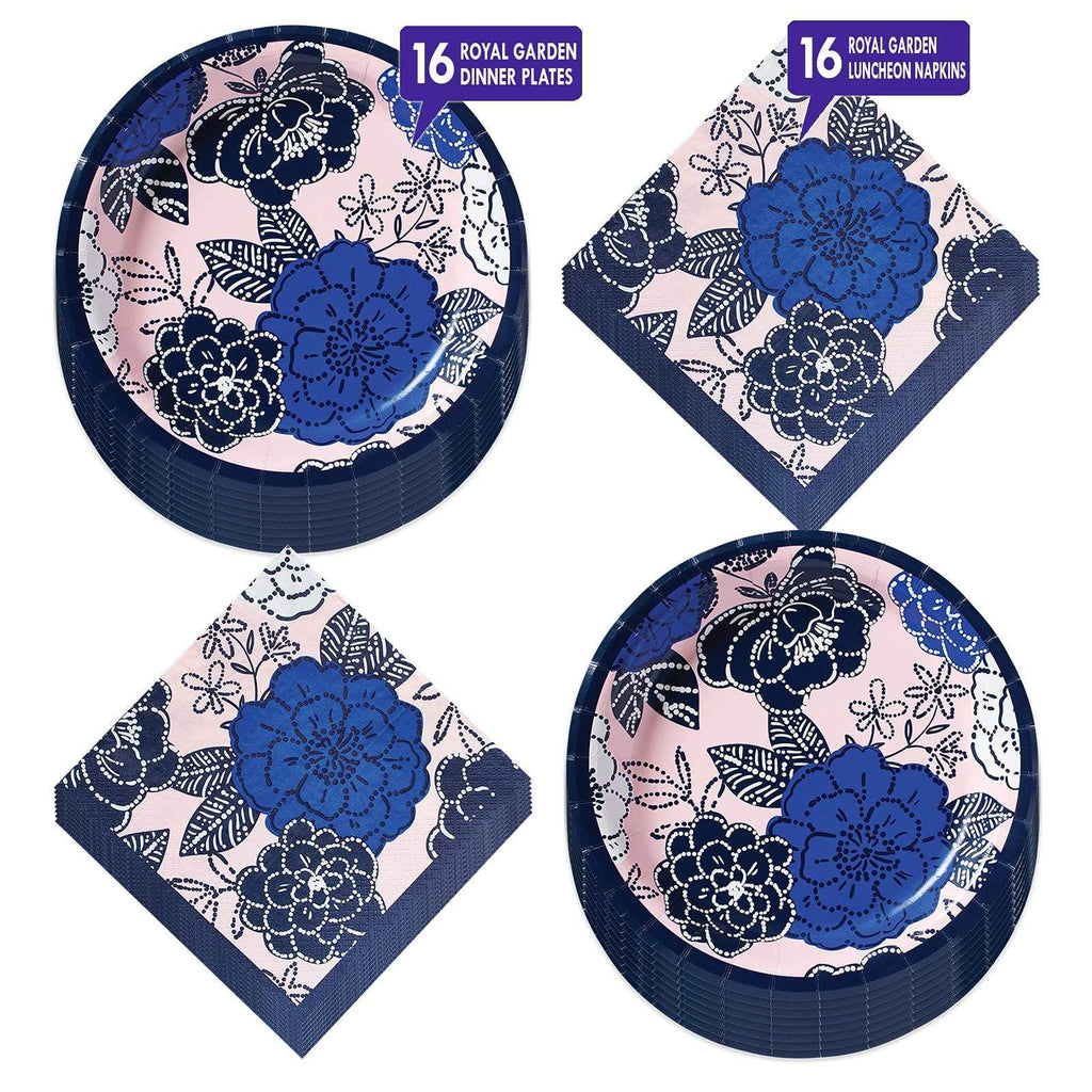 Royal Garden Blue Floral Paper Dinner Plates and Lunch Napkins (Serves 16) party supplies