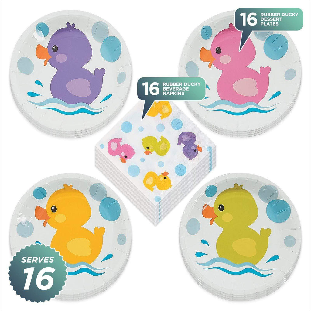 Rubber Ducky Colorful Duck Paper Dessert Plates and Beverage Napkins (Serves 16) party supplies