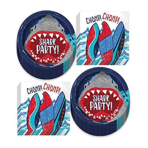 Shark Party Supplies - Shark Paper Dinner Plates and Shark Bite Surfboard Luncheon Napkins (Serves 16) party supplies