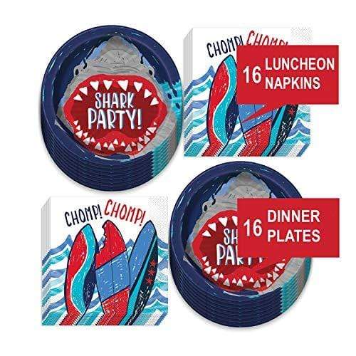 Shark Party Supplies - Shark Paper Dinner Plates and Shark Bite Surfboard Luncheon Napkins (Serves 16) party supplies