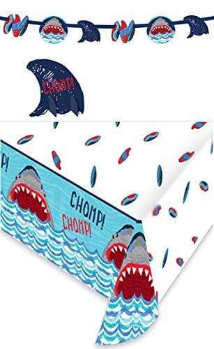 Shark Party Supplies - Shark & Waves Banner Garland, Plastic Table Cover, and Shark Fin Table Centerpiece Set party supplies