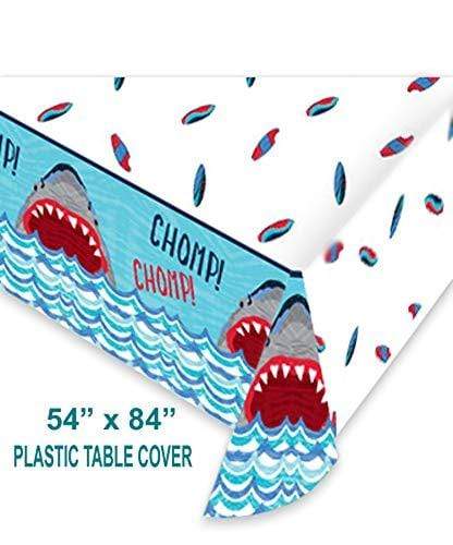 Shark Party Supplies - Shark & Waves Banner Garland, Plastic Table Cover, and Shark Fin Table Centerpiece Set party supplies