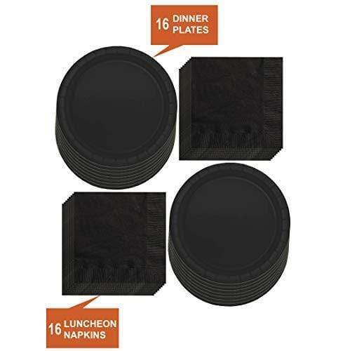 Solid Black Paper Dinner Plates and Luncheon Napkins, Black Party Supplies and Table Decorations (Serves 16) party supplies