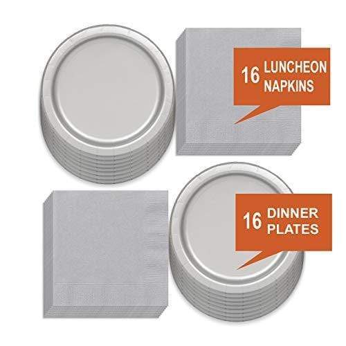 Solid Silver Colored Paper Dinner Plates and Luncheon Napkins, Silver Party Supplies and Table Decorations (Serves 16) party supplies