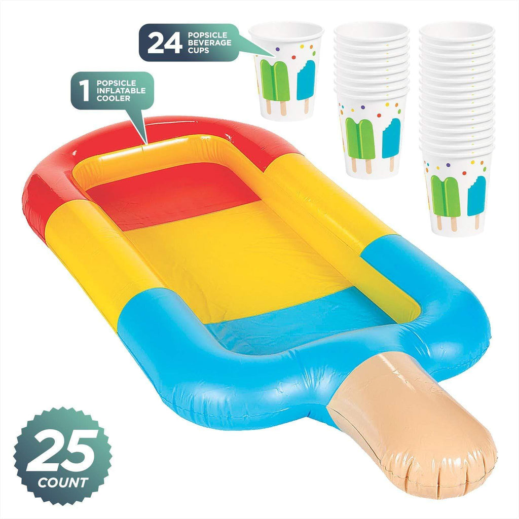 Summer Pool Party Inflatable Popsicle Shaped Cooler and Paper Beverage Cups for 24 Guests party supplies