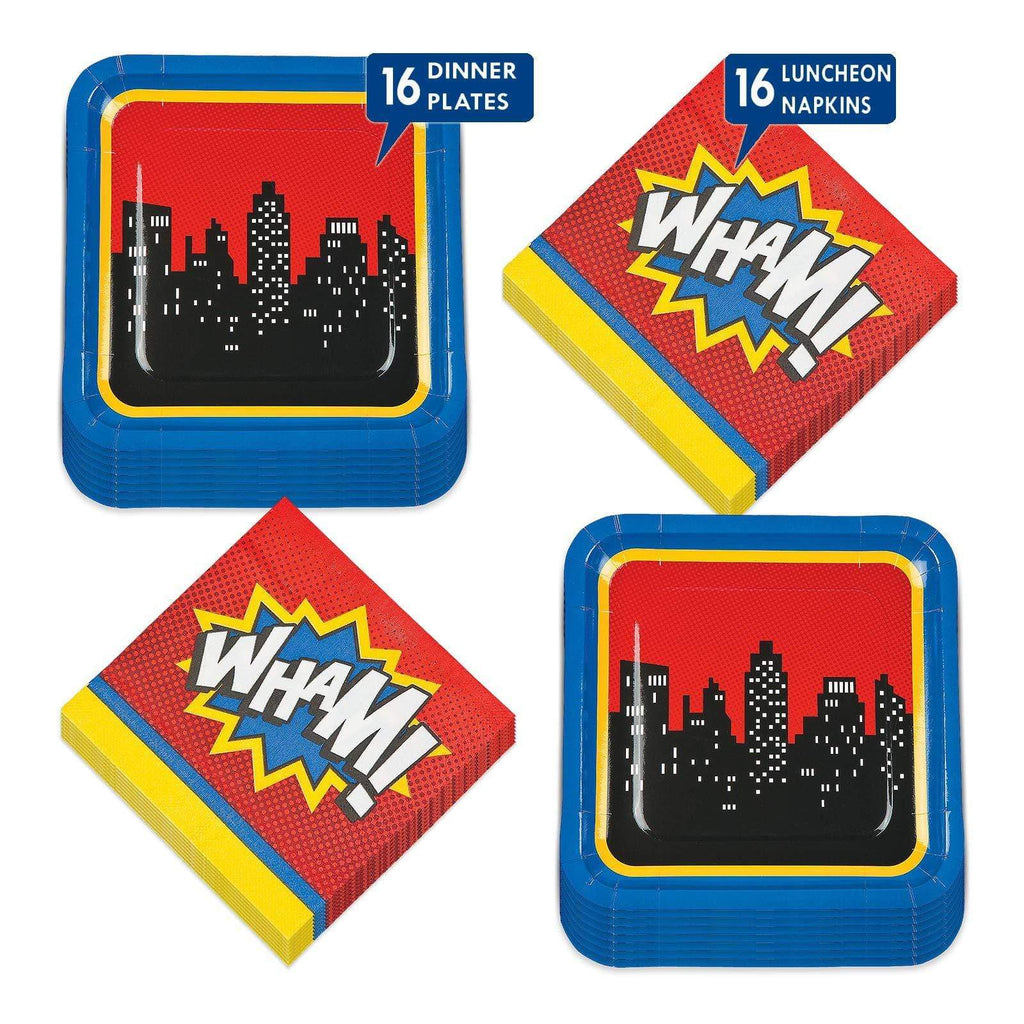 Superhero Action Paper Dinner Plates and Lunch Napkins (Serves 16) party supplies