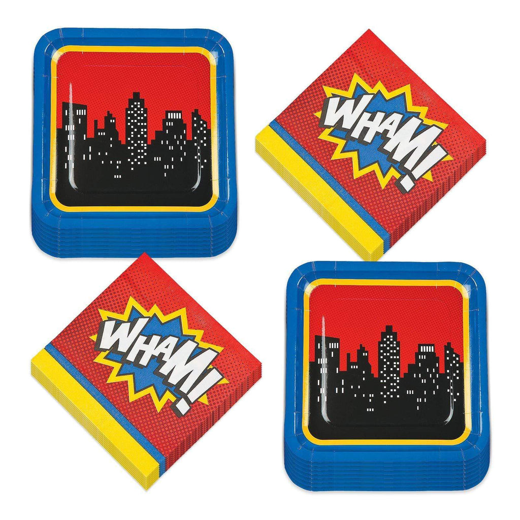Superhero Action Paper Dinner Plates and Lunch Napkins (Serves 16) party supplies