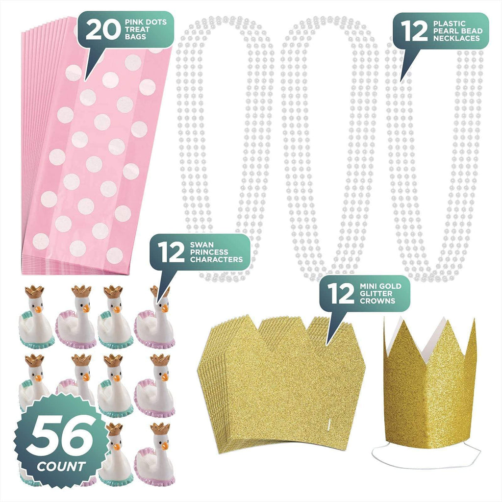 Swan Party Favors - Goody Bags, Swan Princess Characters, Bead Necklaces, and Mini Gold Glitter Crowns for 12 Guests party supplies