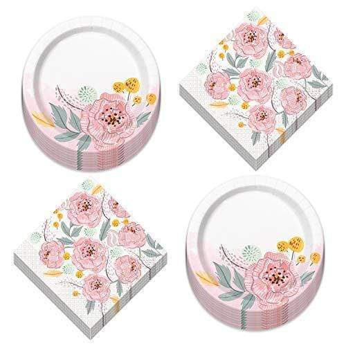 Tea Party Supplies and Decorations for Birthday Parties, Bridal Showers, and Garden Parties (Floral Paper Dessert Plates and Luncheon Napkins in Pale Pink, Dark Mint Green, and Sunflower Yellow) party supplies