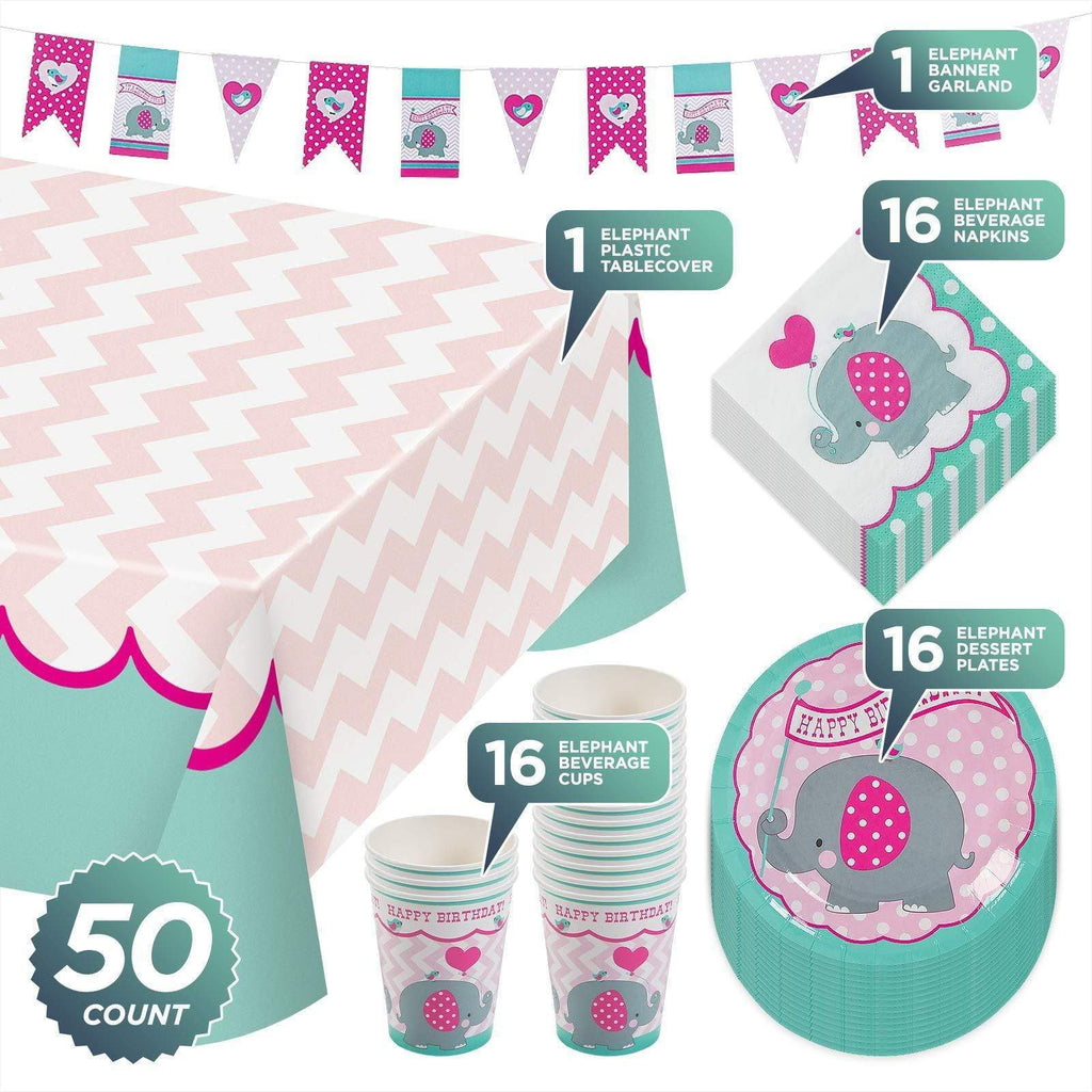Teal & Pink Elephant Birthday Party Pack - Paper Dessert Plates, Napkins, Cups, Table Cover, and Garland Set (Serves 16) party supplies