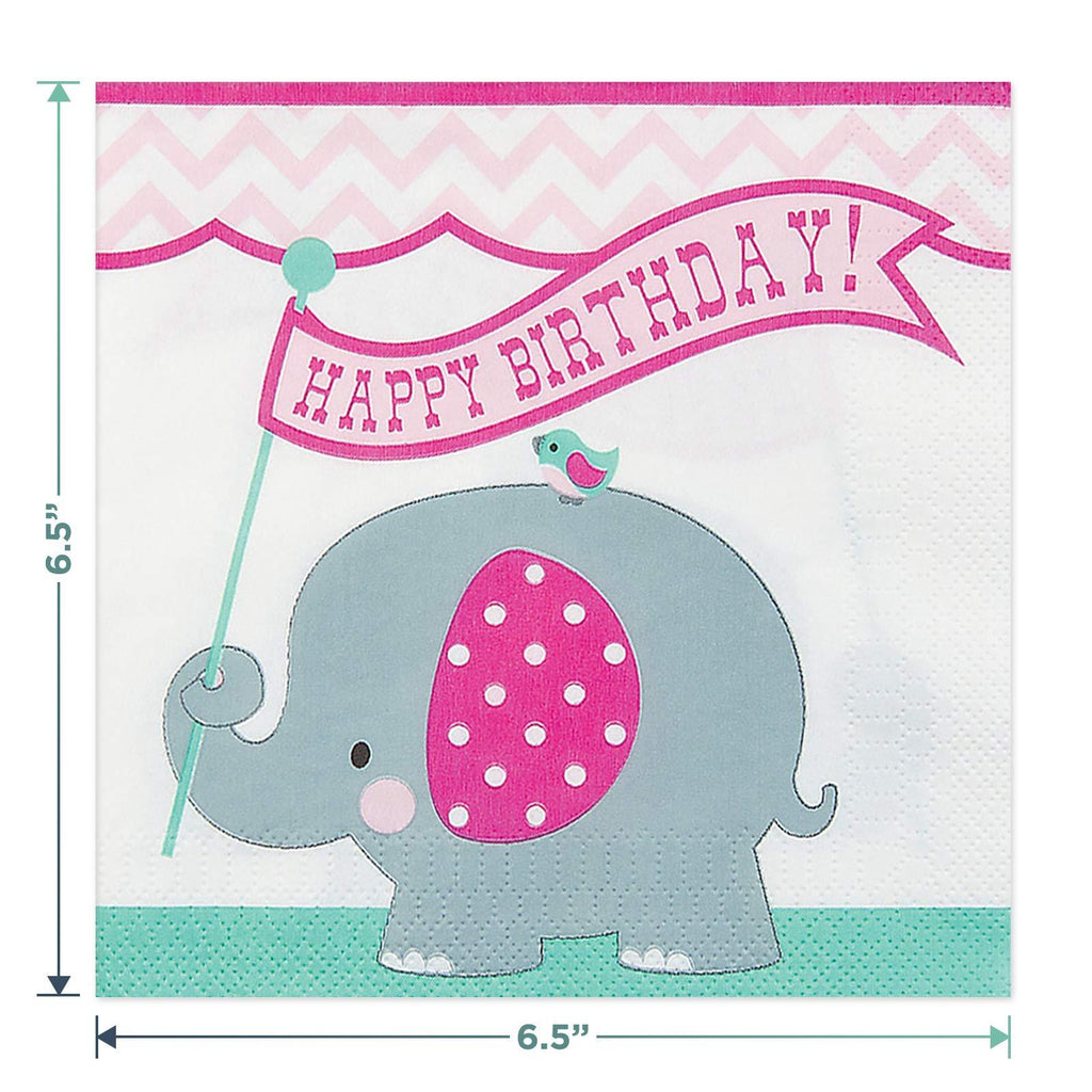Teal & Pink Elephant Birthday Party Paper Dinner Plates and Lunch Napkins (Serves 16) party supplies