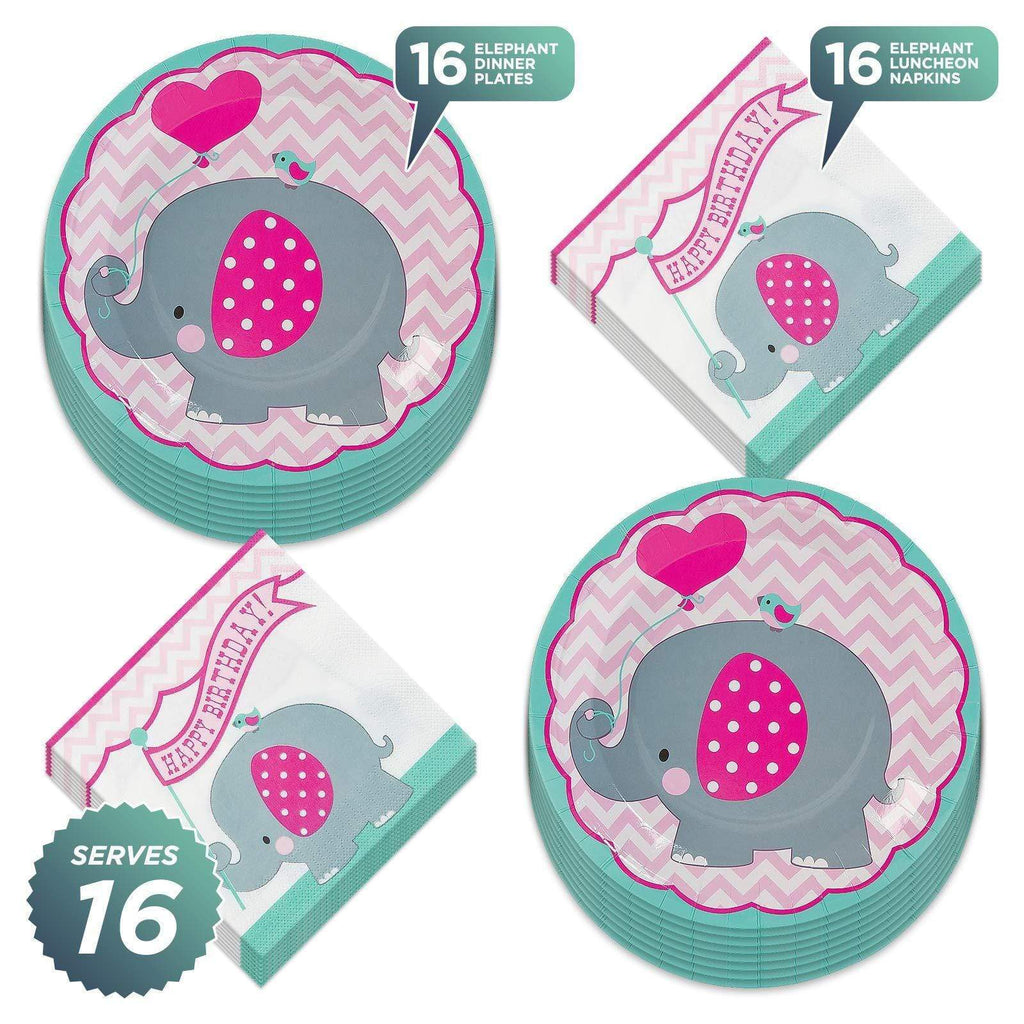 Teal & Pink Elephant Birthday Party Paper Dinner Plates and Lunch Napkins (Serves 16) party supplies