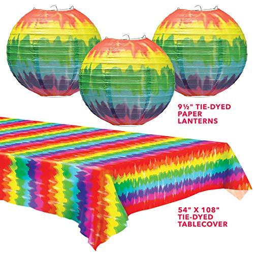 Tie Dye Paper Lanterns & Table Cover Set - Party Decorations for 60's or Hippie Theme party supplies