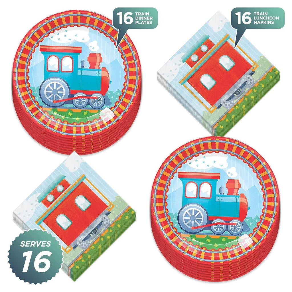 Train Track Paper Dinner Plates and Caboose Luncheon Napkins (Serves 16) party supplies