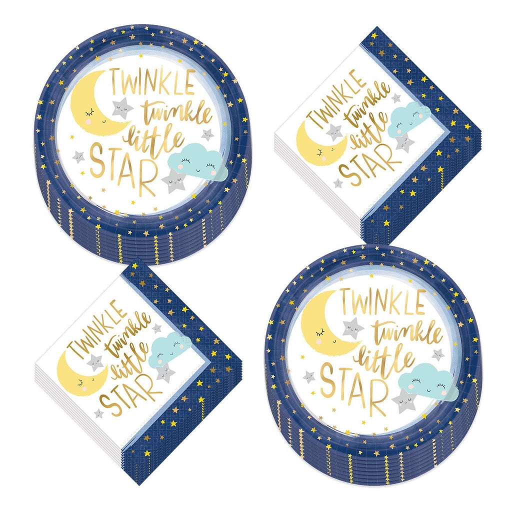 Twinkle Star Navy Blue & Gold Paper Dinner Plates and Luncheon Napkins (Serves 16) party supplies