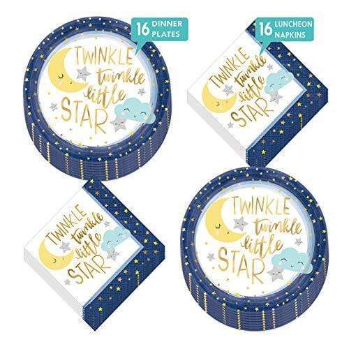 Twinkle Star Navy Blue & Gold Paper Dinner Plates and Luncheon Napkins (Serves 16) party supplies
