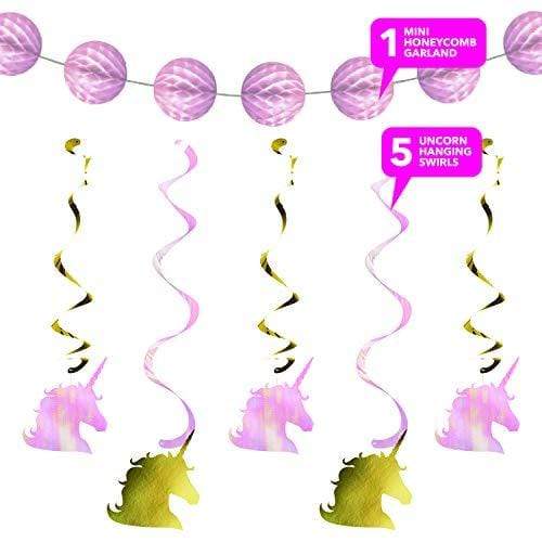 Unicorn Birthday Party Supplies Hanging Party Decorations - Set of Metallic Pink and Gold Hanging Unicorn Whirls and Mini Pink Honeycomb Tissue Garland party supplies