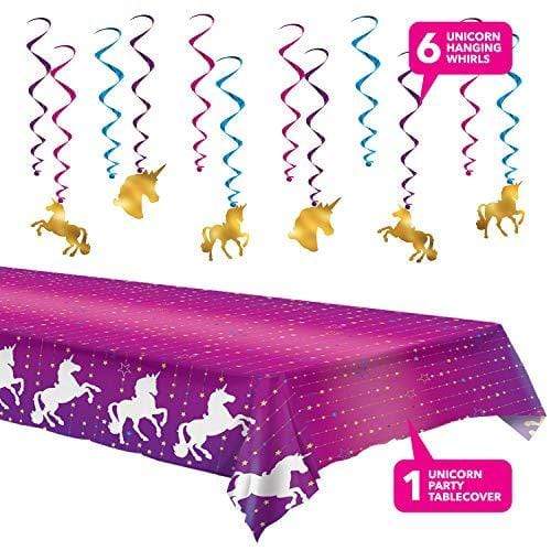 Unicorn Birthday Party Supplies - Set of Unicorn Tablecover and Hanging Whirls Party Decorations party supplies
