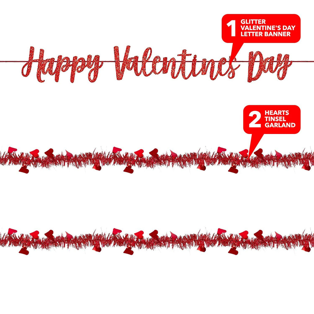 Valentine Party Decorations Set (3 Pieces) - Includes 2 Red Heart Tinsel Garlands & 1 Glittery Happy Valentines Day Letter Banner party supplies