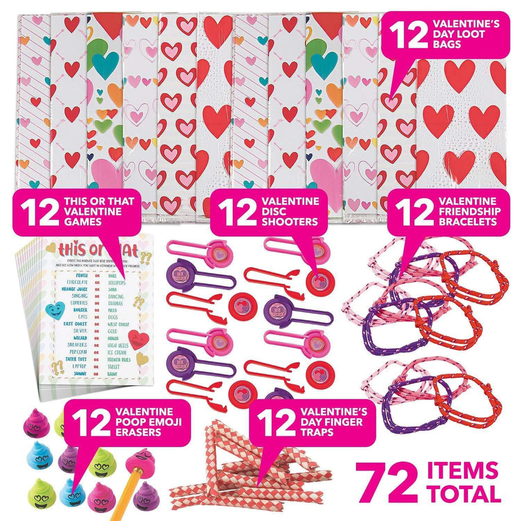 Valentine Party Favors for Kids - Surprise Toy and Game Assortment for Valentine Gifts and Classroom Parties (72 Pieces Total, Fills 12 Goody Bags) party supplies