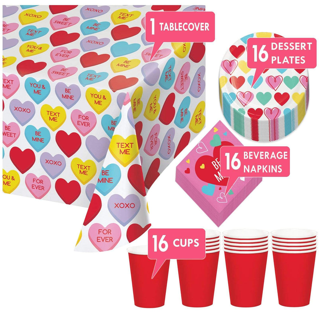 Valentine's Day Party Supplies (Colorful Conversation Hearts Dessert Party Pack - Paper Plates, Napkins, Cups, and Table Cover Set (Serves 16)) party supplies