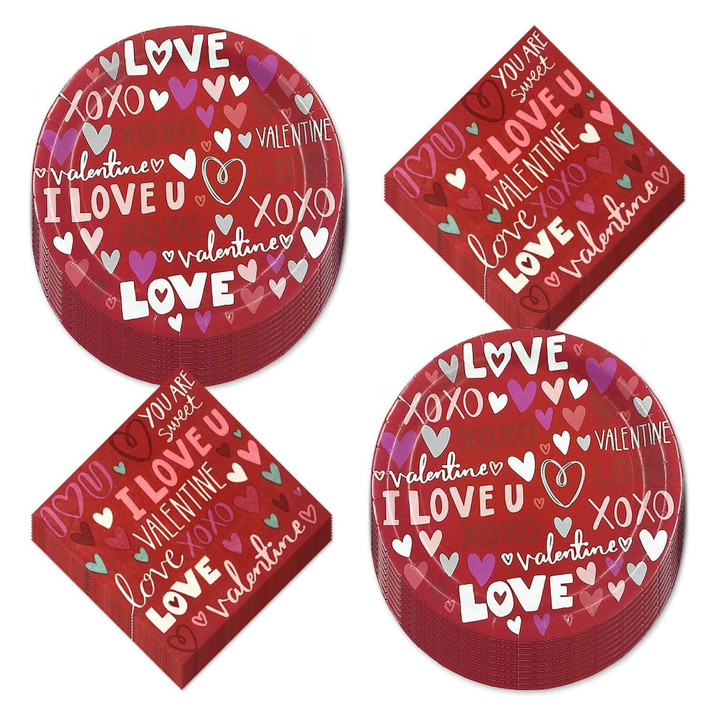 Valentine's Day Party Supplies (Valentine's Sayings Red Paper Dinner Plates and Luncheon Napkins) party supplies