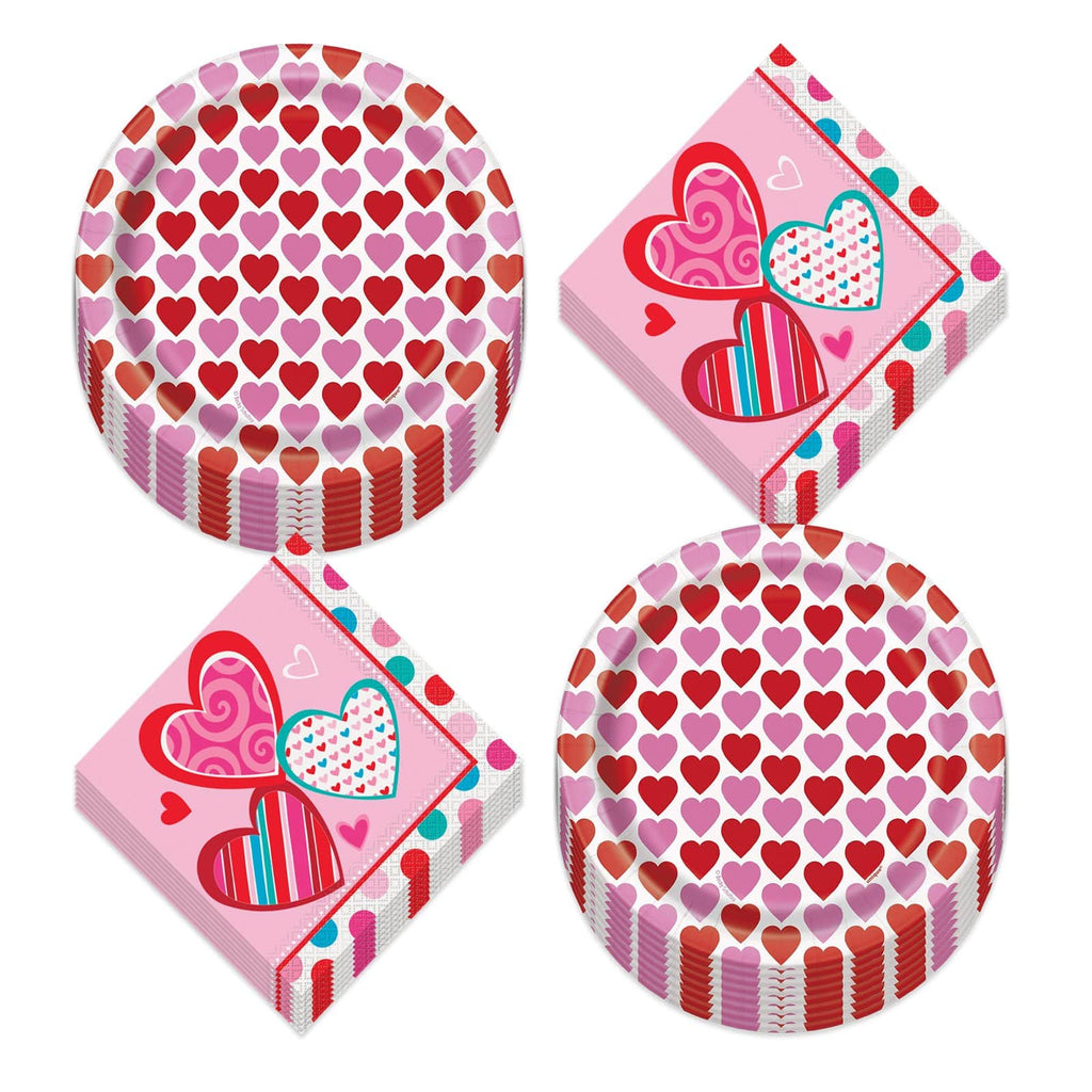 Valentine's Day Repeating Hearts Dessert Plates and Teal Accents Napkin Set (Serves 16) party supplies