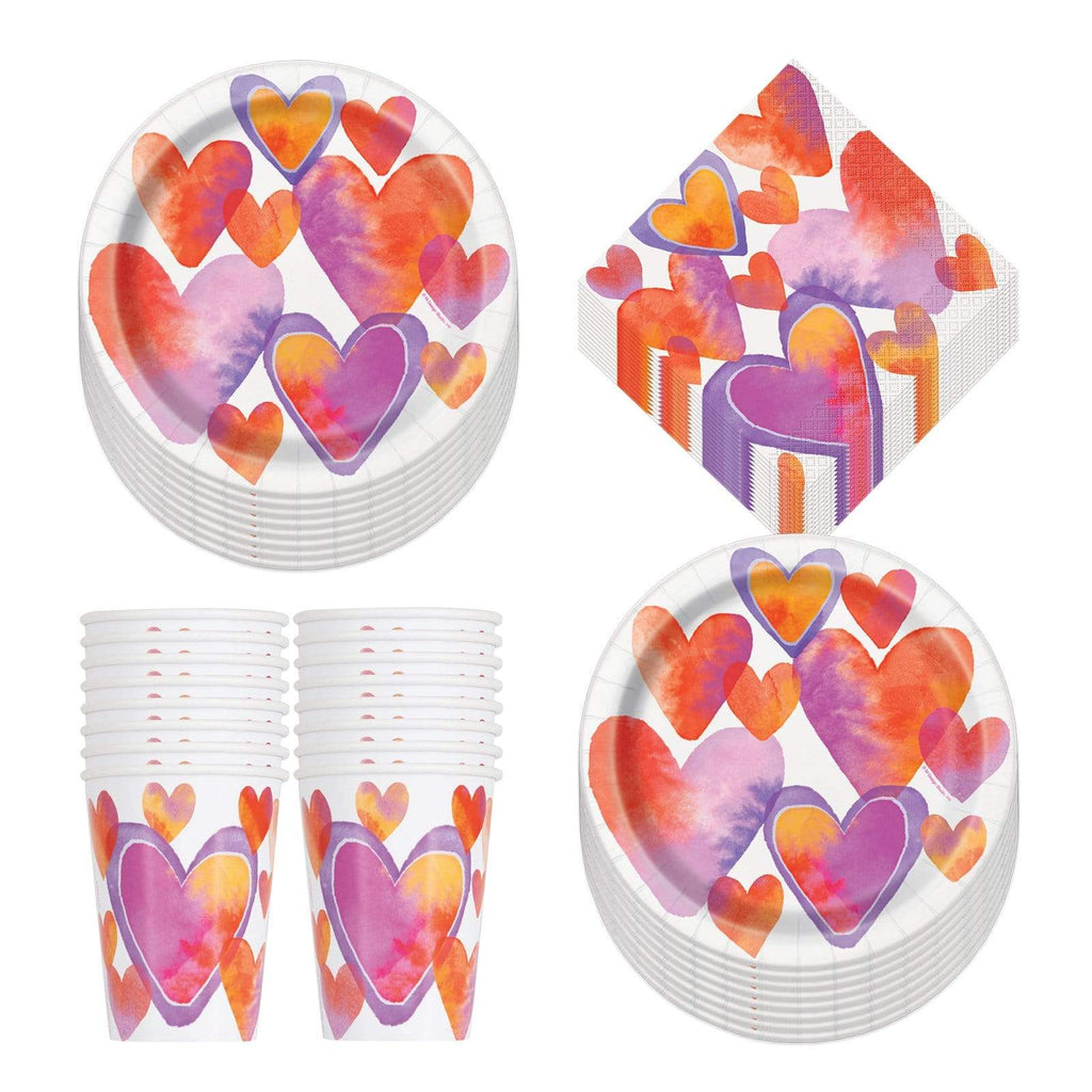 Valentine's Day Watercolor Hearts Paper Dinner Plates, Lunch Napkins, and Beverage Cups (Serves 16) party supplies