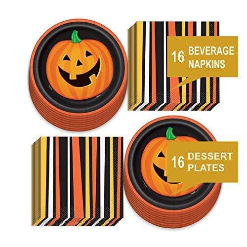 Vintage Halloween Party Supplies - Plates & Napkins Set (Serves 16) (Happy Jack-O-Lantern Paper Dessert Plates) party supplies