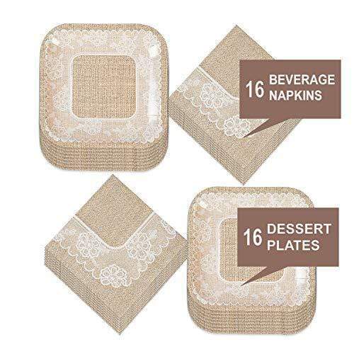 Wedding Party and Bridal Shower Rustic Burlap and Lace Paper Dessert Plates and Beverage Napkins (Serves 16) party supplies